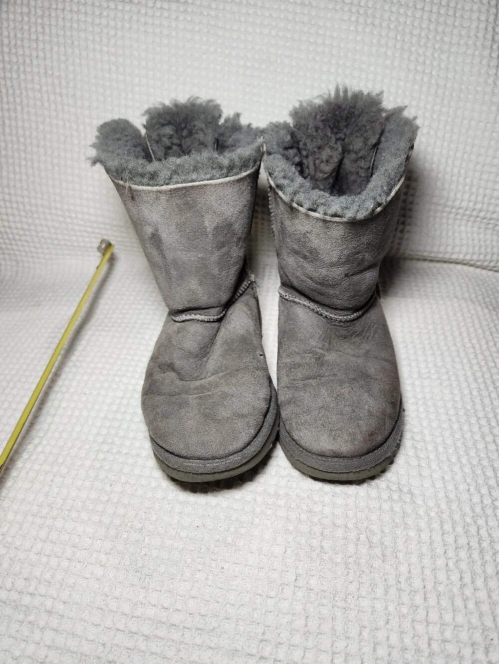 UGG Gray Bow Back Shearling Boots Flawed